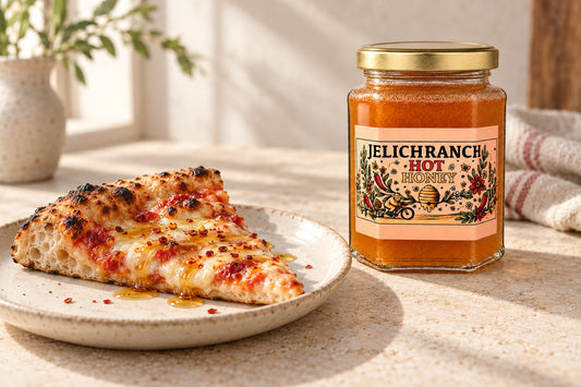 Serving inspiration with Jelich Ranch hot honey. AI-created illustration.