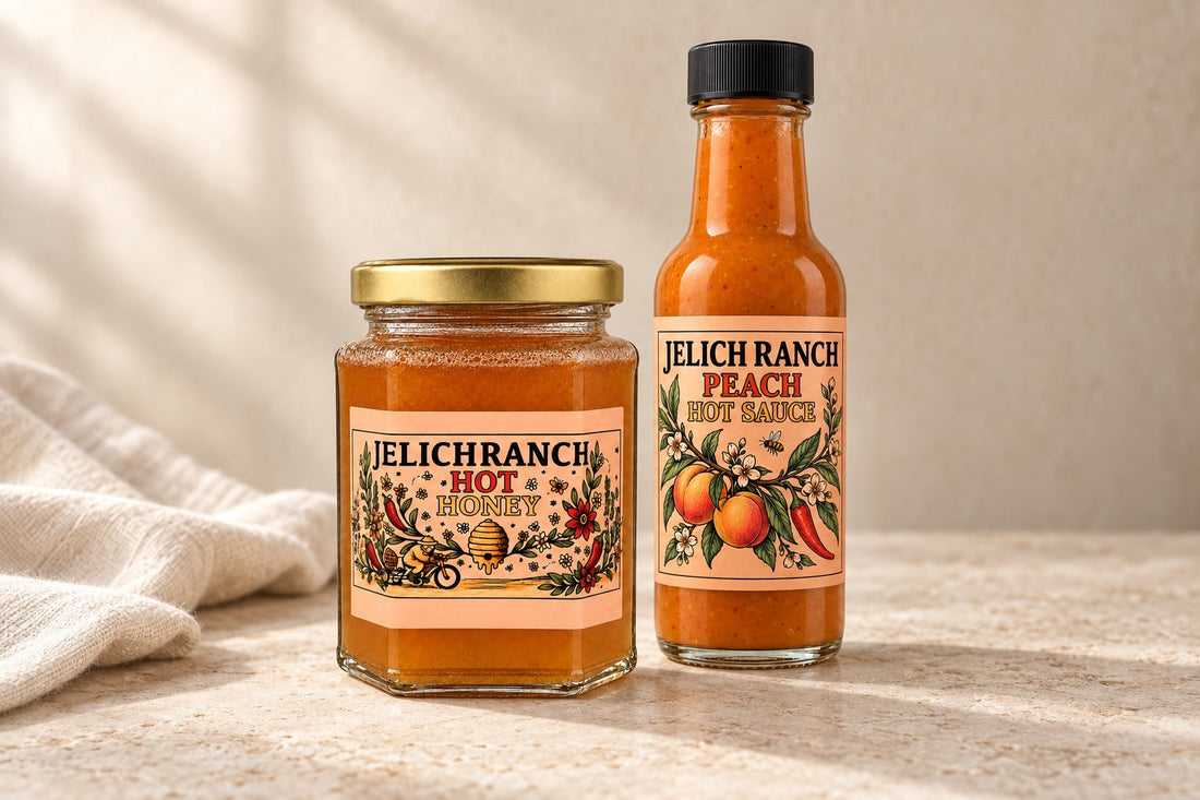 Hot Honey and Peach Hot Sauce in Jelich Ranch packaging. Gift illustration.