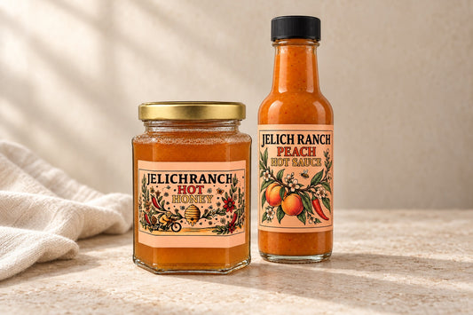 Hot Honey and Peach Hot Sauce in Jelich Ranch packaging. Gift illustration.