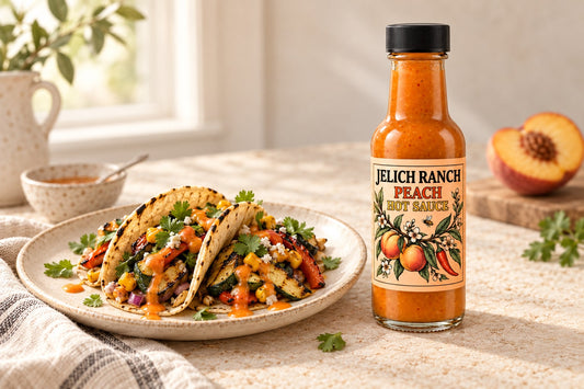 Serving inspiration with Jelich Ranch peach hot sauce. AI-created illustration.