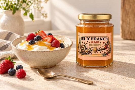 Serving inspiration with Jelich Ranch raw honey. AI-created illustration.