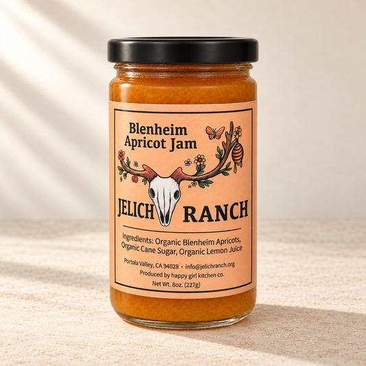 Blenheim Apricot Jam from Jelich Ranch, with its ranch label on pale stone. Digital product rendering.