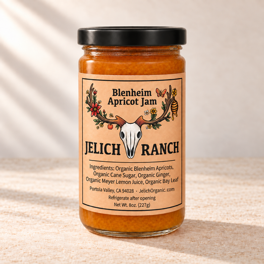 Jelich Ranch Blenheim Apricot Jam with JelichOrganic.com on the label.
