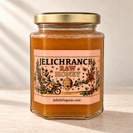 Jelich Ranch Raw Honey with JelichOrganic.com on the label.