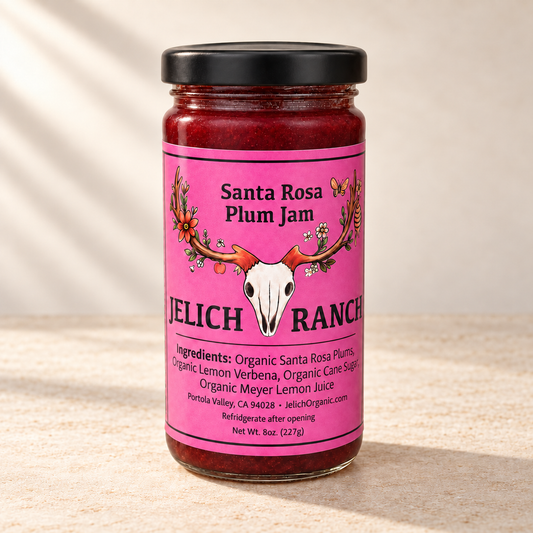 Jelich Ranch Santa Rosa Plum Jam with JelichOrganic.com on the label.
